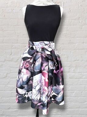 Bellissima SLNY Black Floral High-Low Cocktail Dress Pass Through Tie Sz 6
